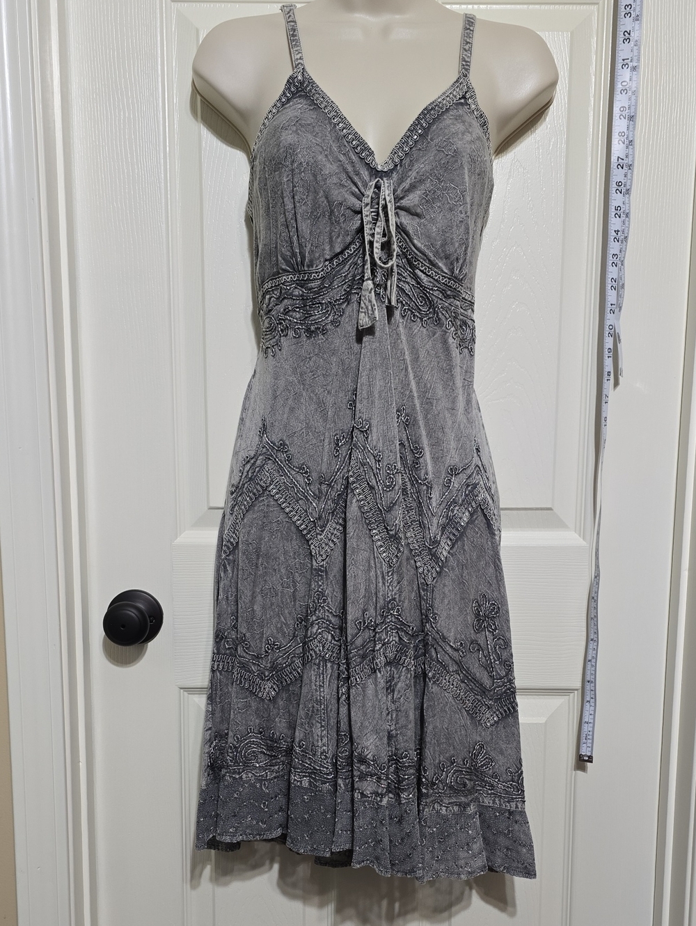 Sakkas Gray Embroidered Stonewashed Tie-Front Midi Dress